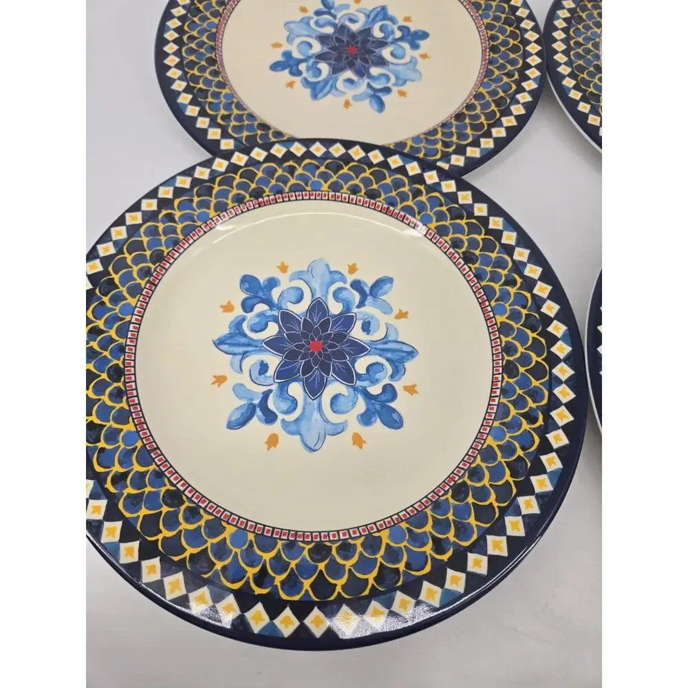 4 pc Set Williams Sonoma Sicily Thick Melamine 10.75” Dinner Plates Blue Yellow